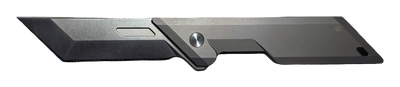 A modern utility knife blade with a dark gray textured handle and a silver metal pivot screw, shown against a plain white background.
