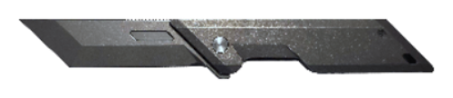 A black tactical replacement blade with a textured finish, featuring a serrated edge, a recessed handle slot, and a silver pivot screw, shown against a plain white background.