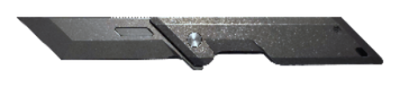 A black tactical replacement blade with a textured finish, featuring a serrated edge, a recessed handle slot, and a silver pivot screw, shown against a plain white background.