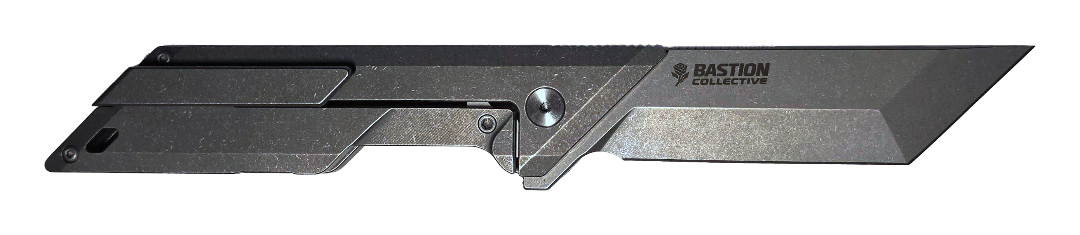 A Bastion Collection folding knife with a dark gray textured finish, shown open against a plain white background.