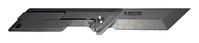 A Bastion Collection folding knife with a dark gray textured finish, shown open against a plain white background.