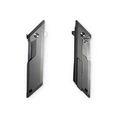 Two slim black metallic accessory panels or covers shown upright on a plain white background, with one showing the front and the other the back side.