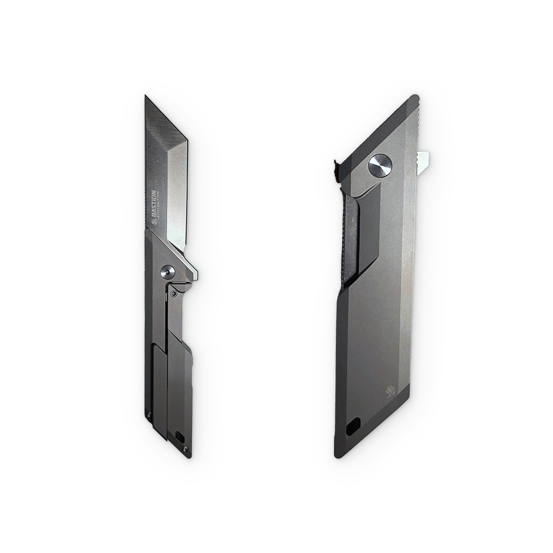 Two slim black utility knives shown side by side on a plain white background, displaying both the open blade view and the closed back view.