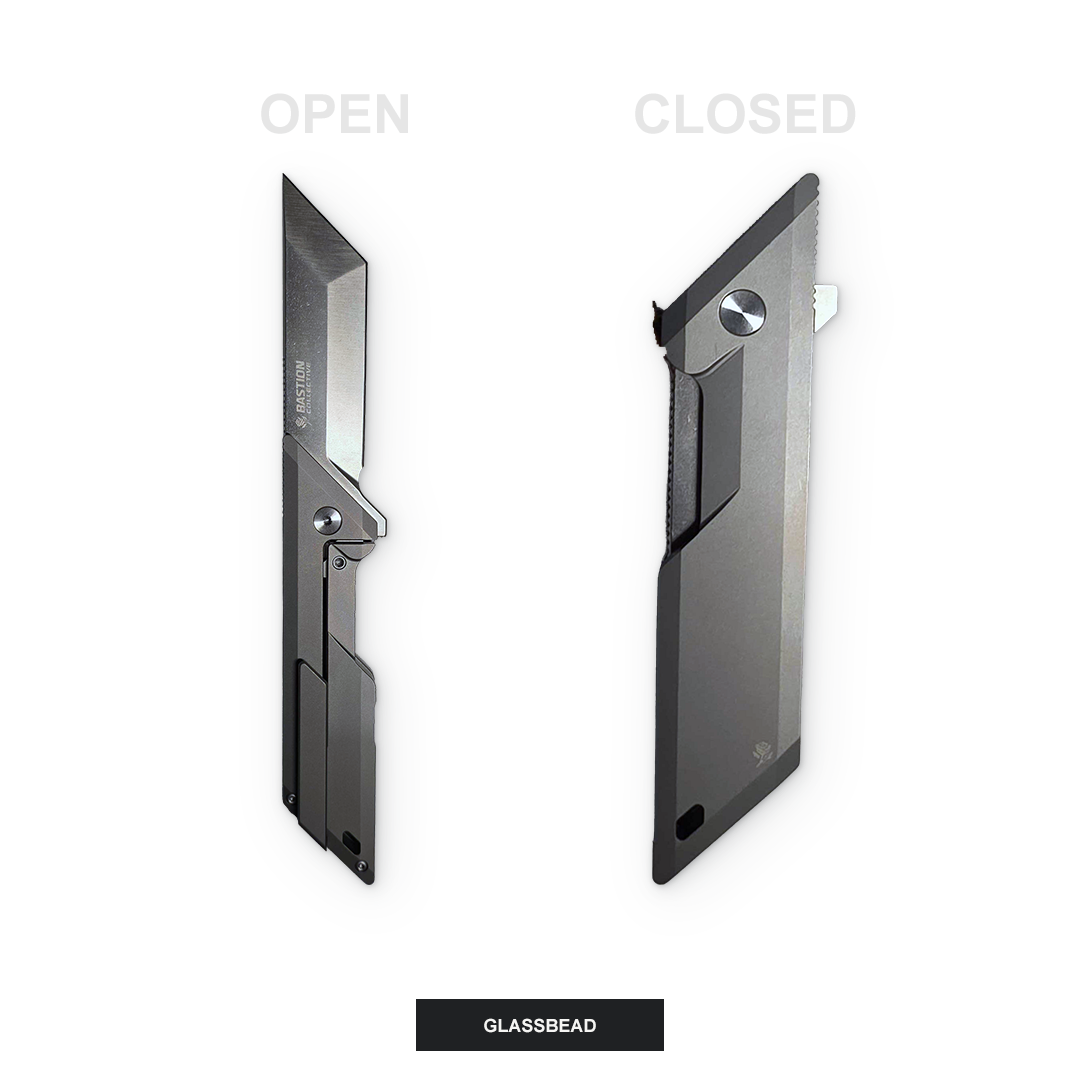 A dual-state view of a GLASSBEAD folding pocket knife, shown open on the left and closed on the right, against a clean white background with 'OPEN' and 'CLOSED' labels and a 'GLASSBEAD' color label at the bottom.