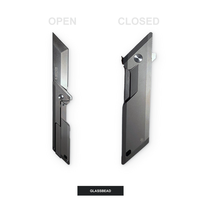 A dual-state view of a GLASSBEAD folding pocket knife, shown open on the left and closed on the right, against a clean white background with 'OPEN' and 'CLOSED' labels and a 'GLASSBEAD' color label at the bottom.
