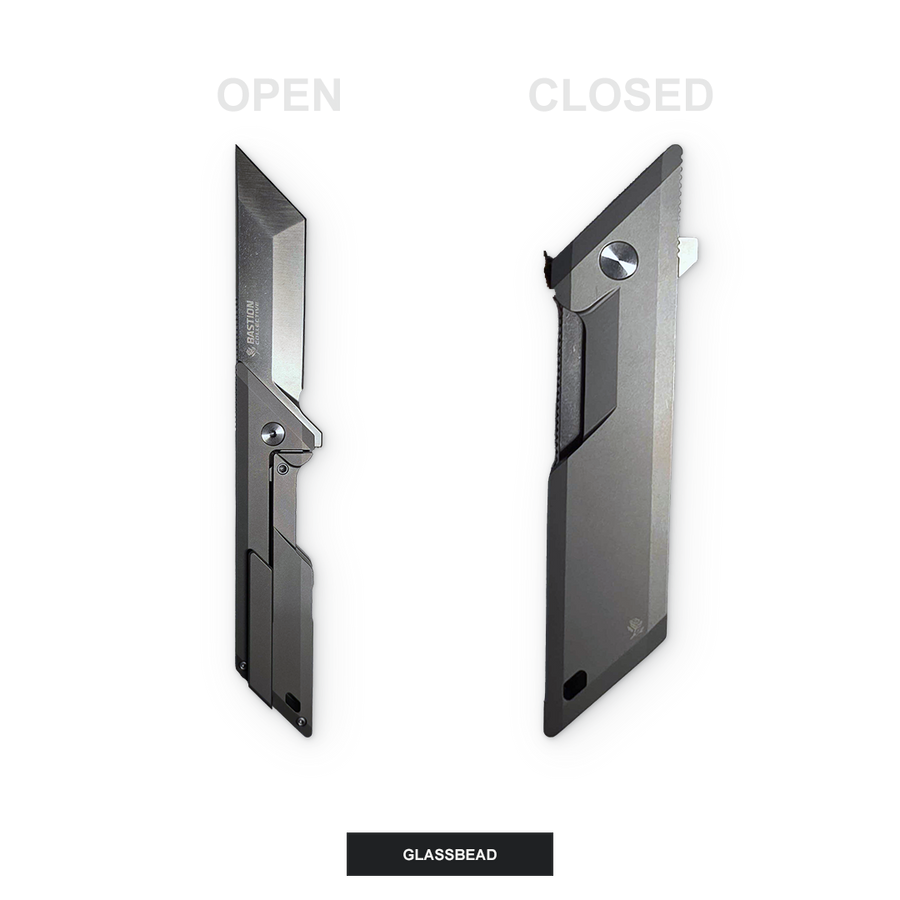 A dual-state view of a GLASSBEAD folding pocket knife, shown open on the left and closed on the right, against a clean white background with 'OPEN' and 'CLOSED' labels and a 'GLASSBEAD' color label at the bottom.