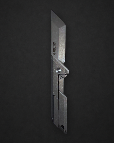 A tactical utility knife with a metallic silver blade and matching metal handle, shown vertically against a dark textured background.