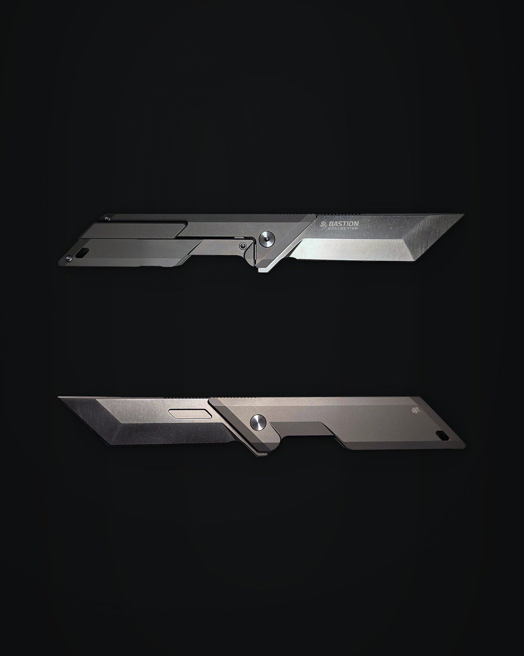 Two metallic gray replacement blade components shown horizontally against a solid black background.