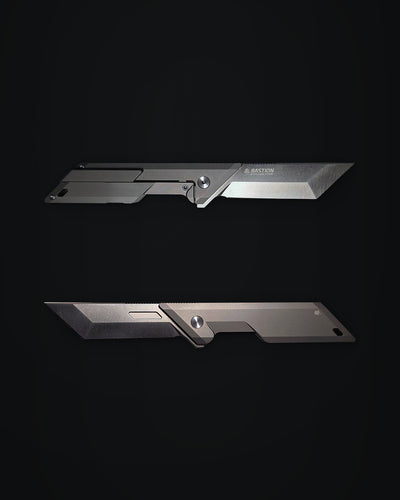 Two metallic gray replacement blade components shown horizontally against a solid black background.